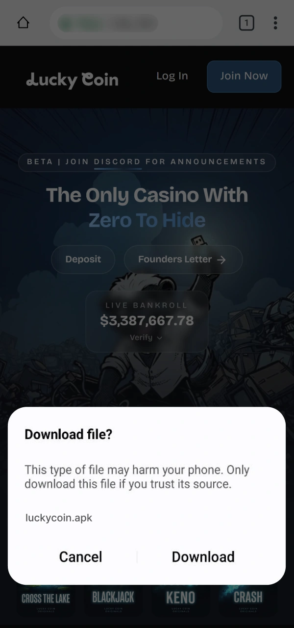 Click the browser confirmation notification window to download Lucky Coin App.