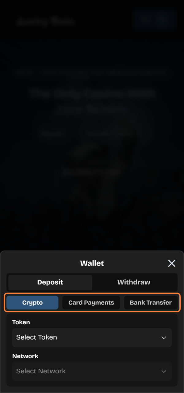 Select your preferred credit card or cryptocurrency option on Lucky Coin Deposit.