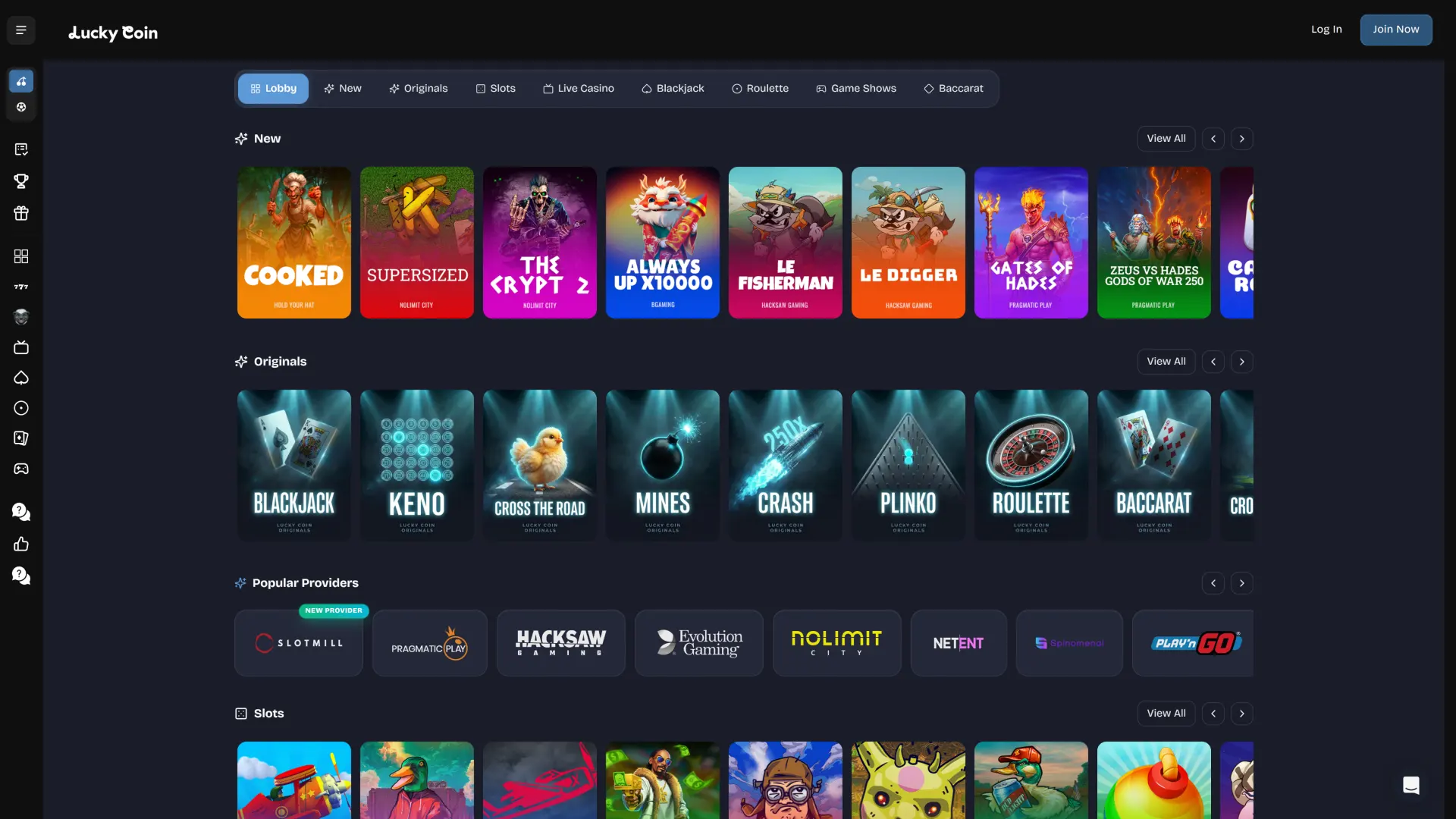 Explore the interface Lucky Coin casino lobby featuring top developers.
