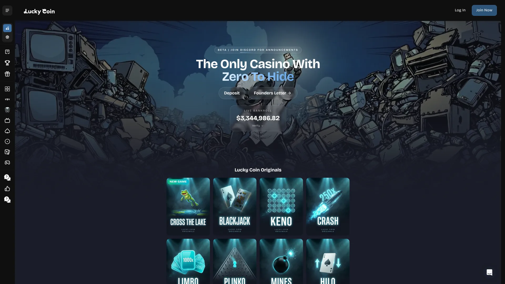 Launch the main screen interface options on the Lucky Coin website.