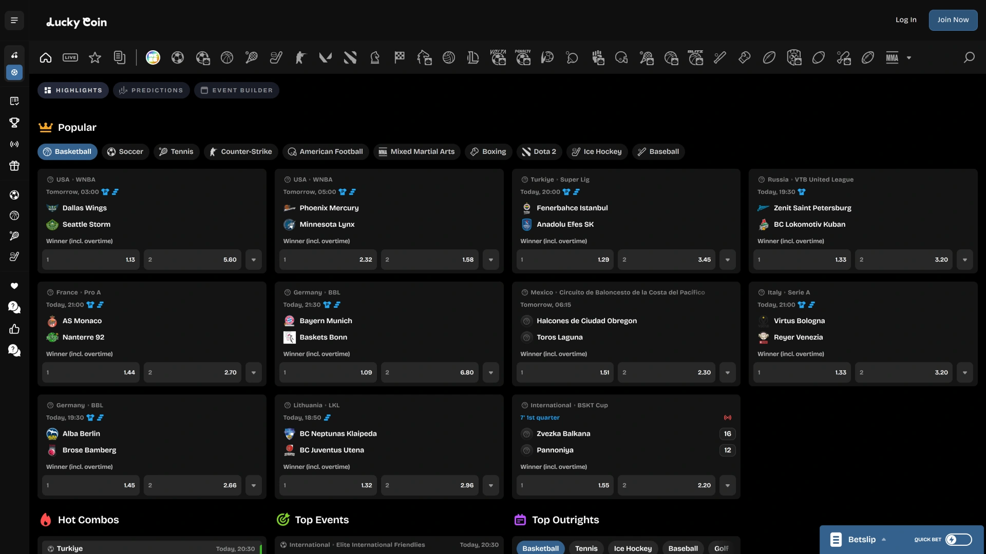 Open the massive interface sports booklet on the Lucky Coin homepage.