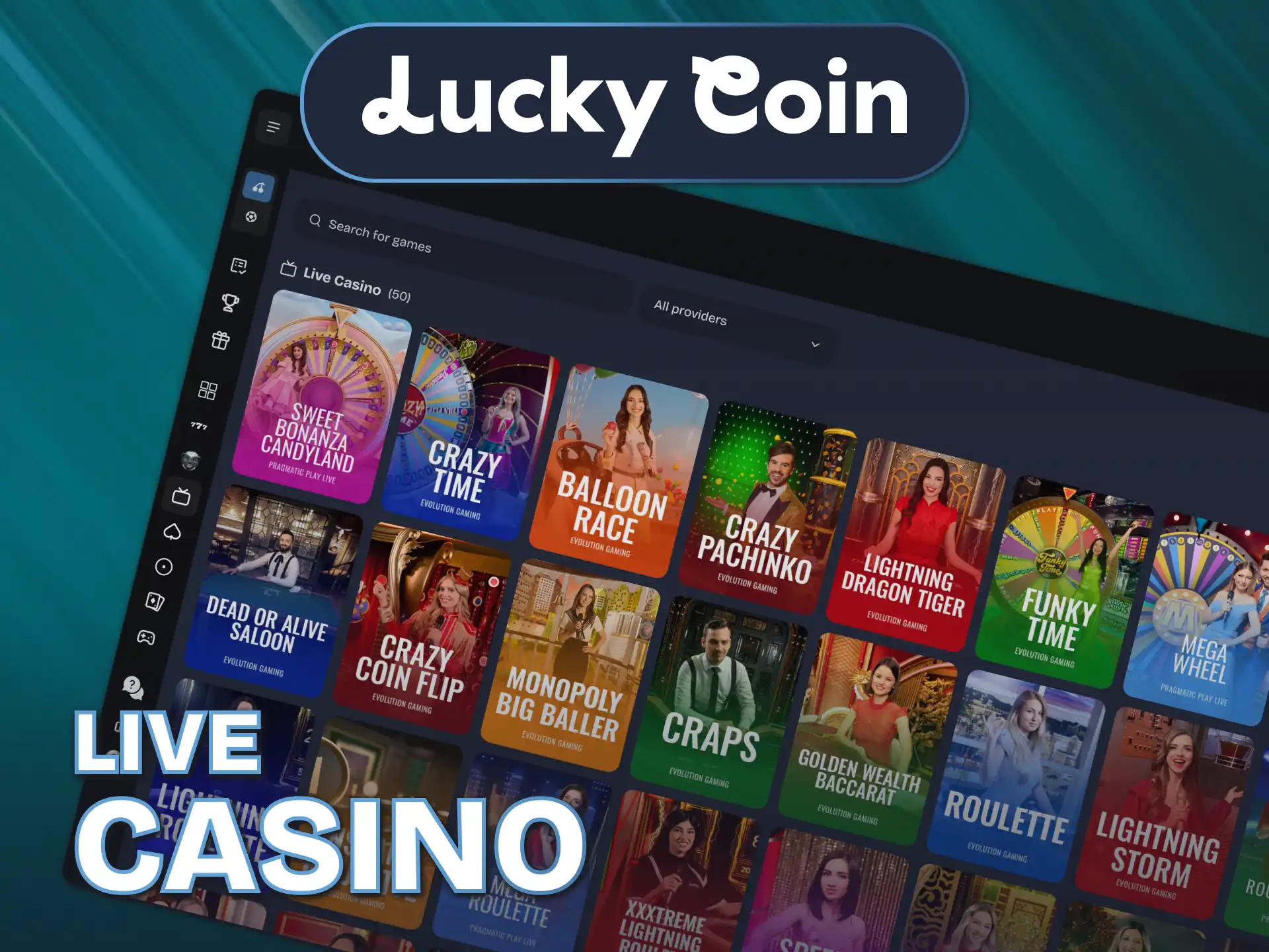 Join real dealer game rooms via the interactive Lucky Coin homepage.