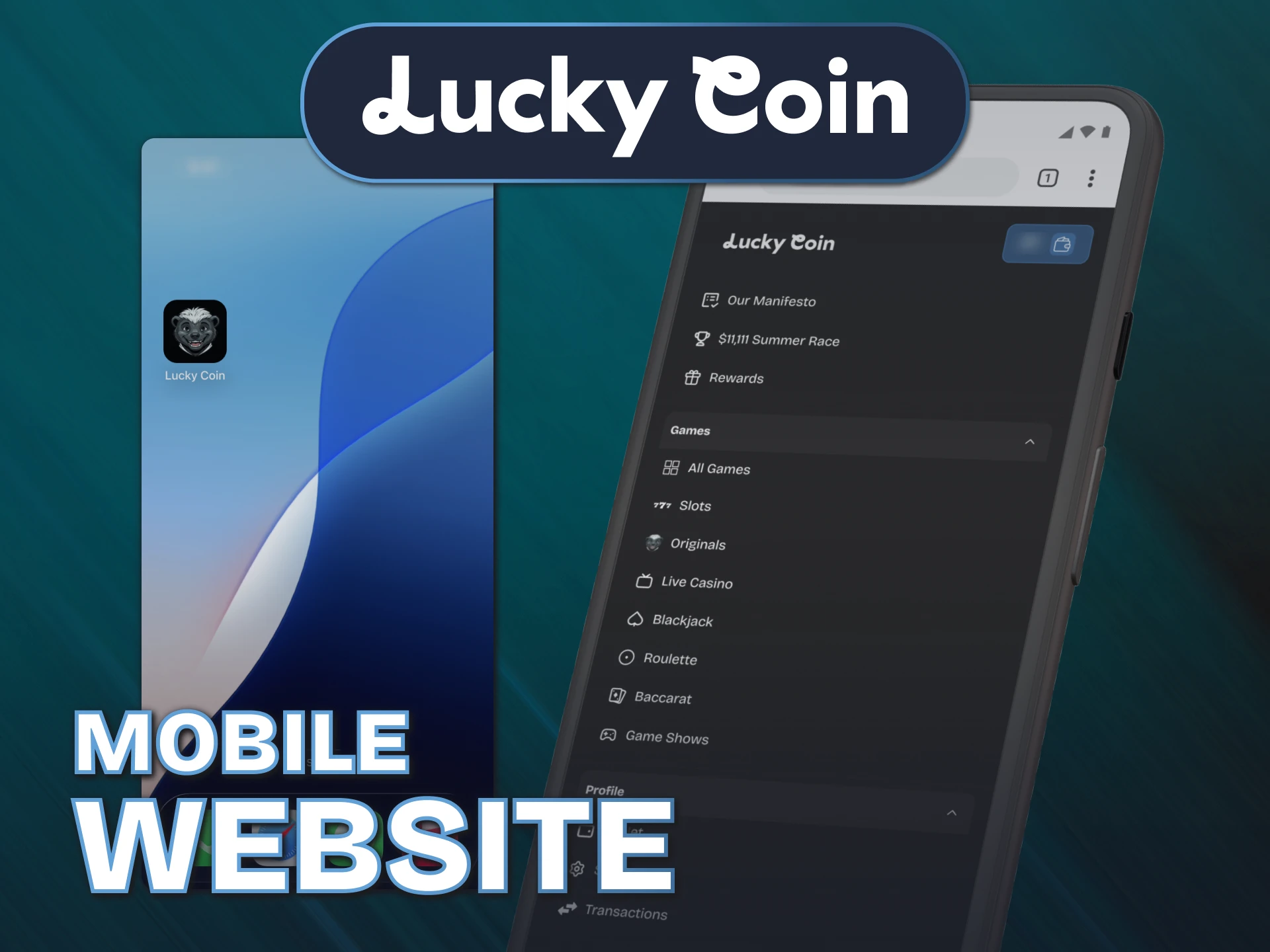 Access the fully responsive mobile website layout of the Lucky Coin homepage.