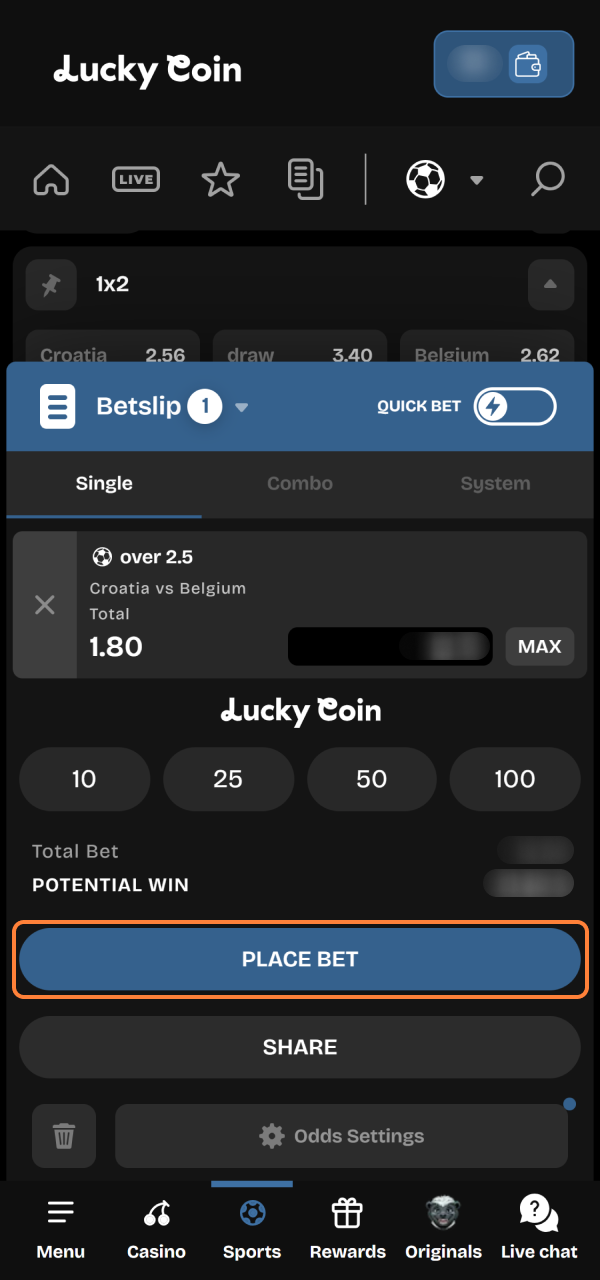 Press the final trade confirmation option to secure your Lucky Coin bet.