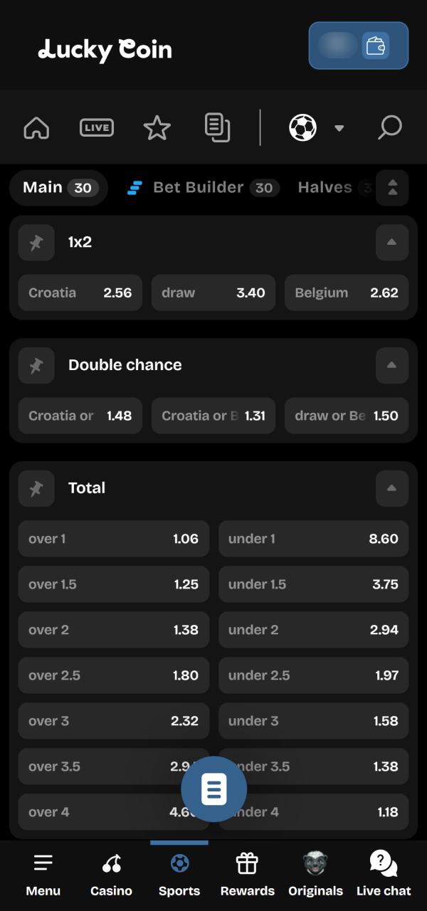 Click on your Lucky Coin match odds before finalizing the bet ticket.
