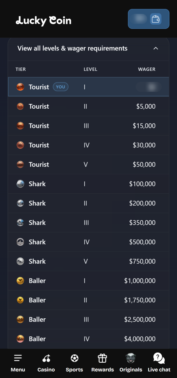 View available promotional tabs for your Lucky Coin registration bonus.