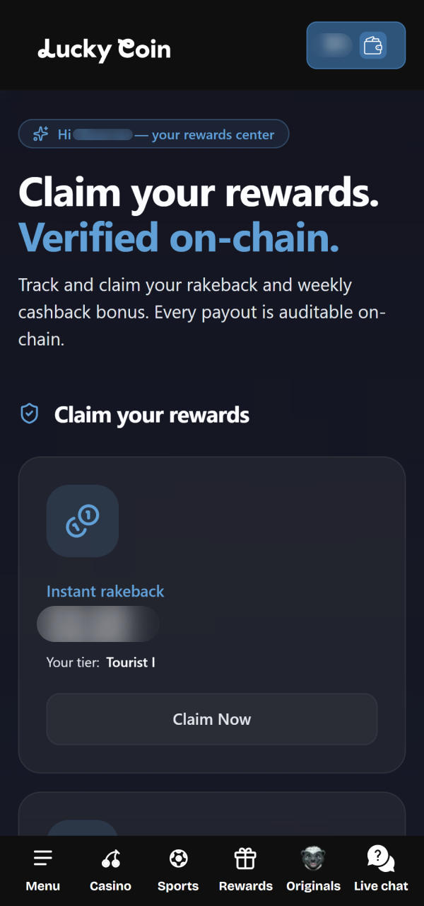 Monitor your wagering turnover progress for Lucky Coin registration welcome bonus.