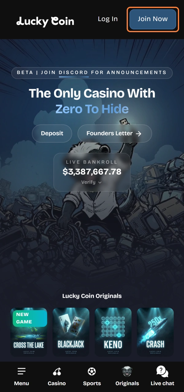 Tap the glowing top header action menu item for Lucky Coin Registration.